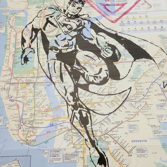 Handpainted Superman Acrylic Artwork on a NYC Subway Map Rare Original - Picture 7 of 8